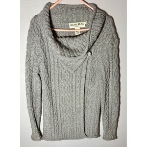 Aran Mor Irish Merino Wool Sweater Cable Cardigan Gray Ireland Sz Small
